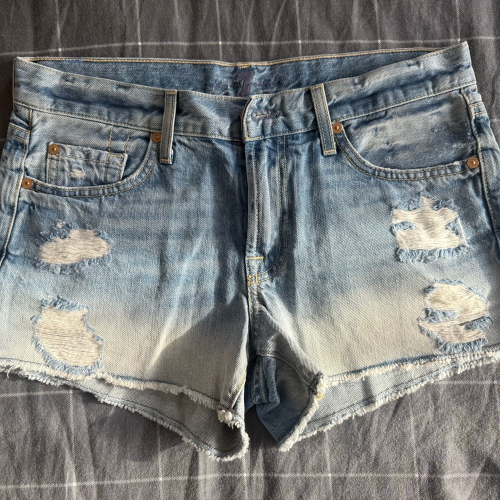 7 For All Mankind Blue Distressed Jean Shorts